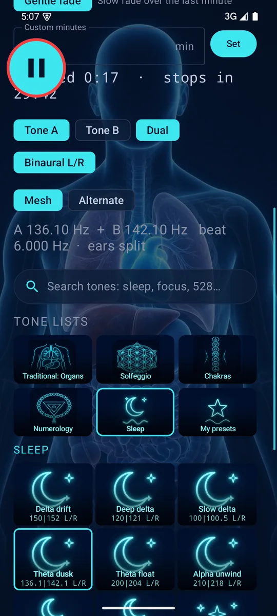 The Sleep tone list with delta and theta binaural presets